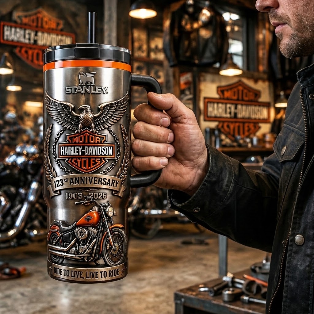 Motorcycle enthusiast holding the anniversary tumbler in a workshop