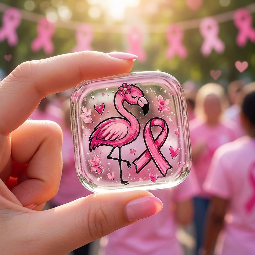 Pink Flamingo Breast Cancer Awareness Fused Glass Token