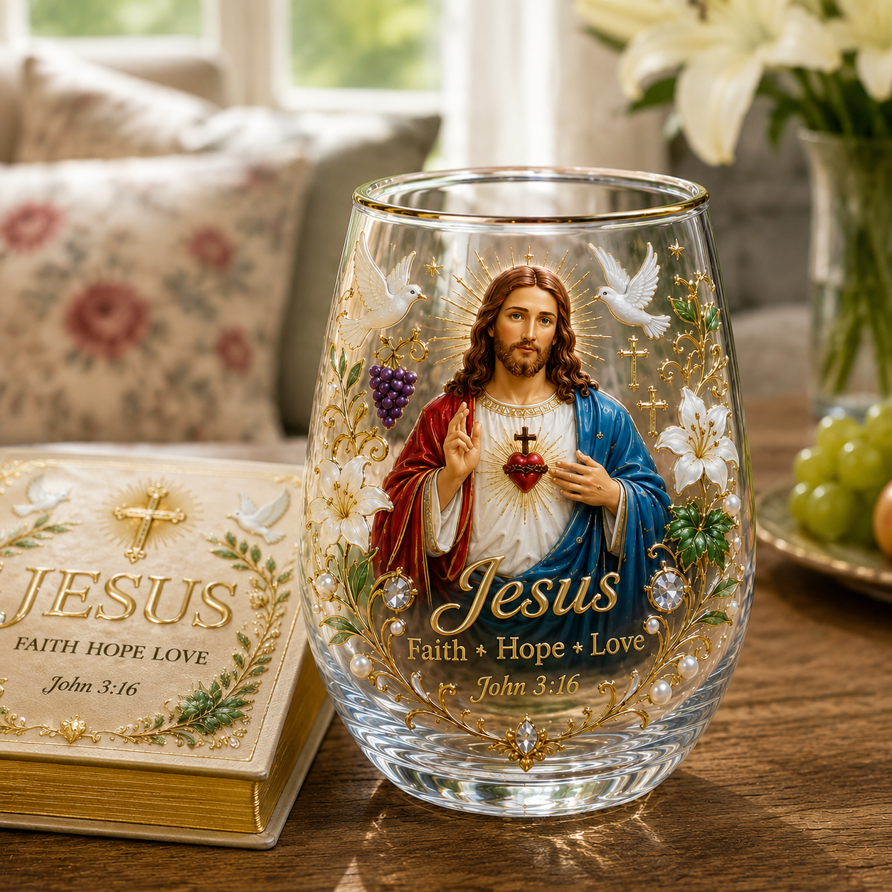 Jesus Faith Hope Love Glass Cup