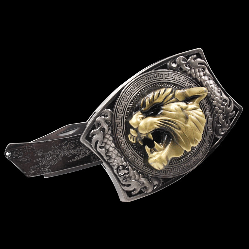 Self-defense belt buckle with a knife