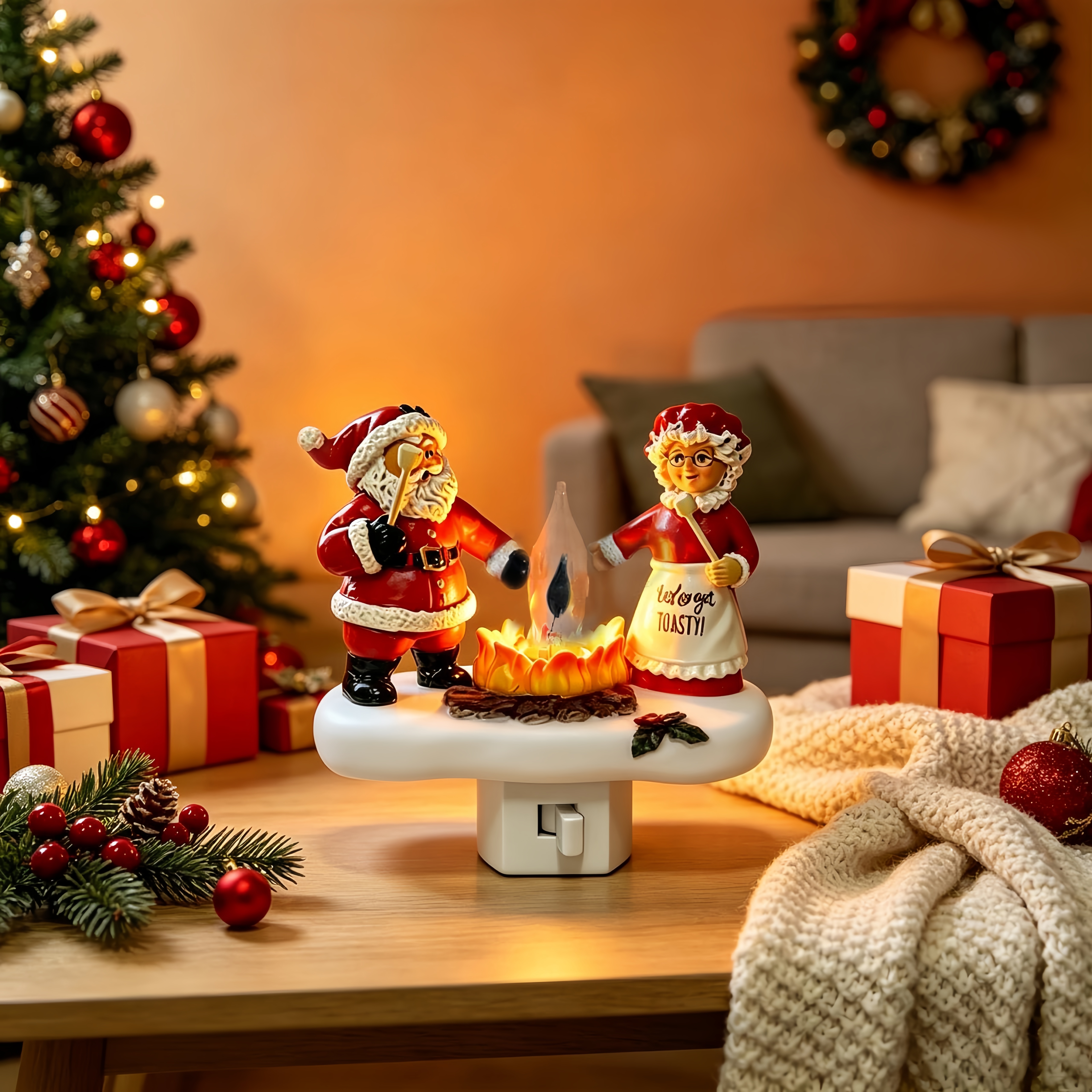 Plug-in Christmas LED Night Light – Santa Claus Campfire Design