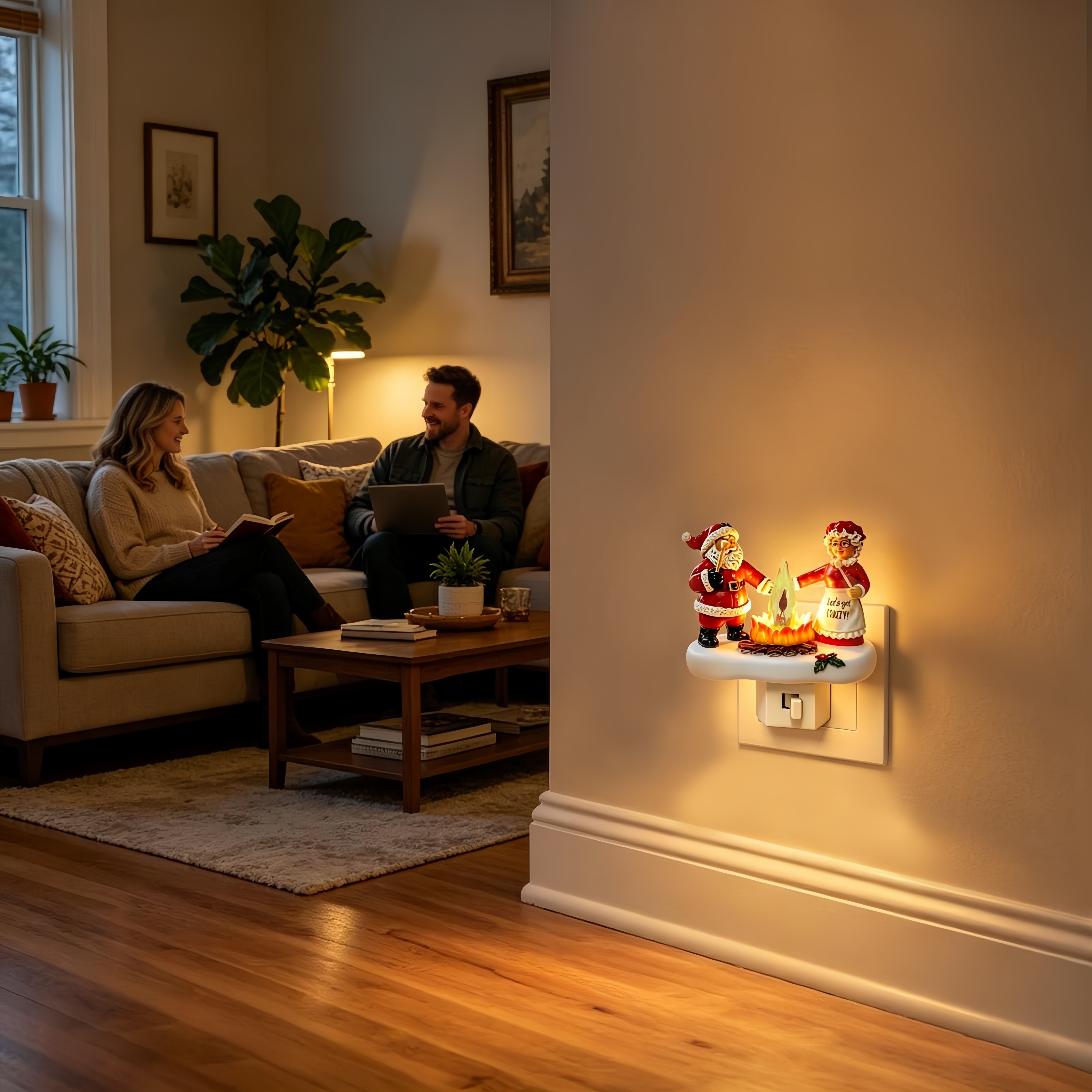 Plug-in Christmas LED Night Light – Santa Claus Campfire Design