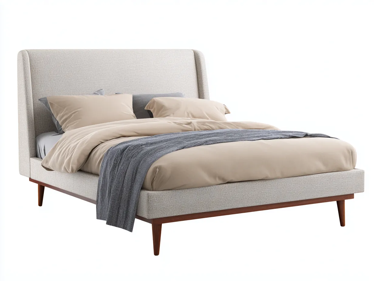 Lit double 220×200×105 cm – beige – tissu et bois – style contemporain-Lirozahaus