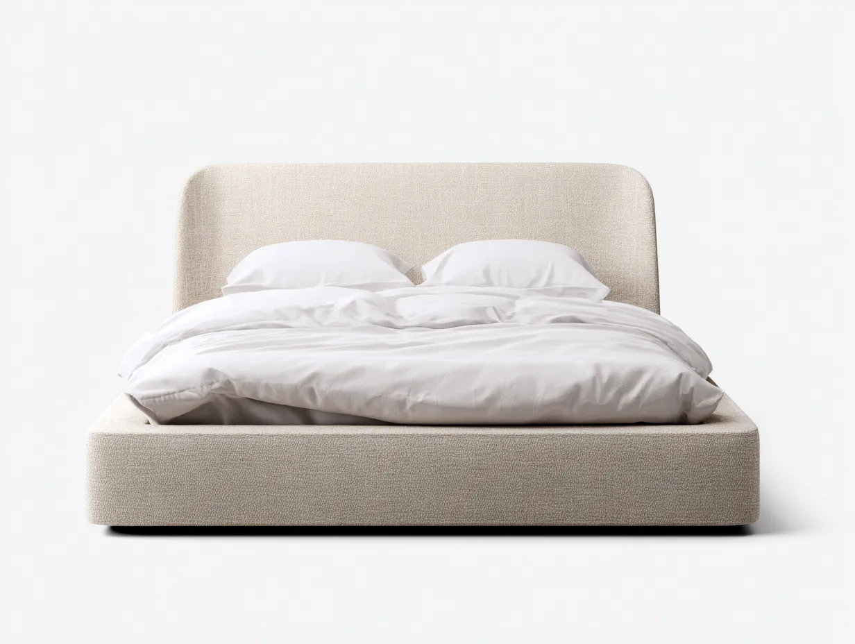 Lit double tapissé 190×220×105 cm – tissu beige clair – cadre bas avec tête de lit arrondie-Lirozahaus
