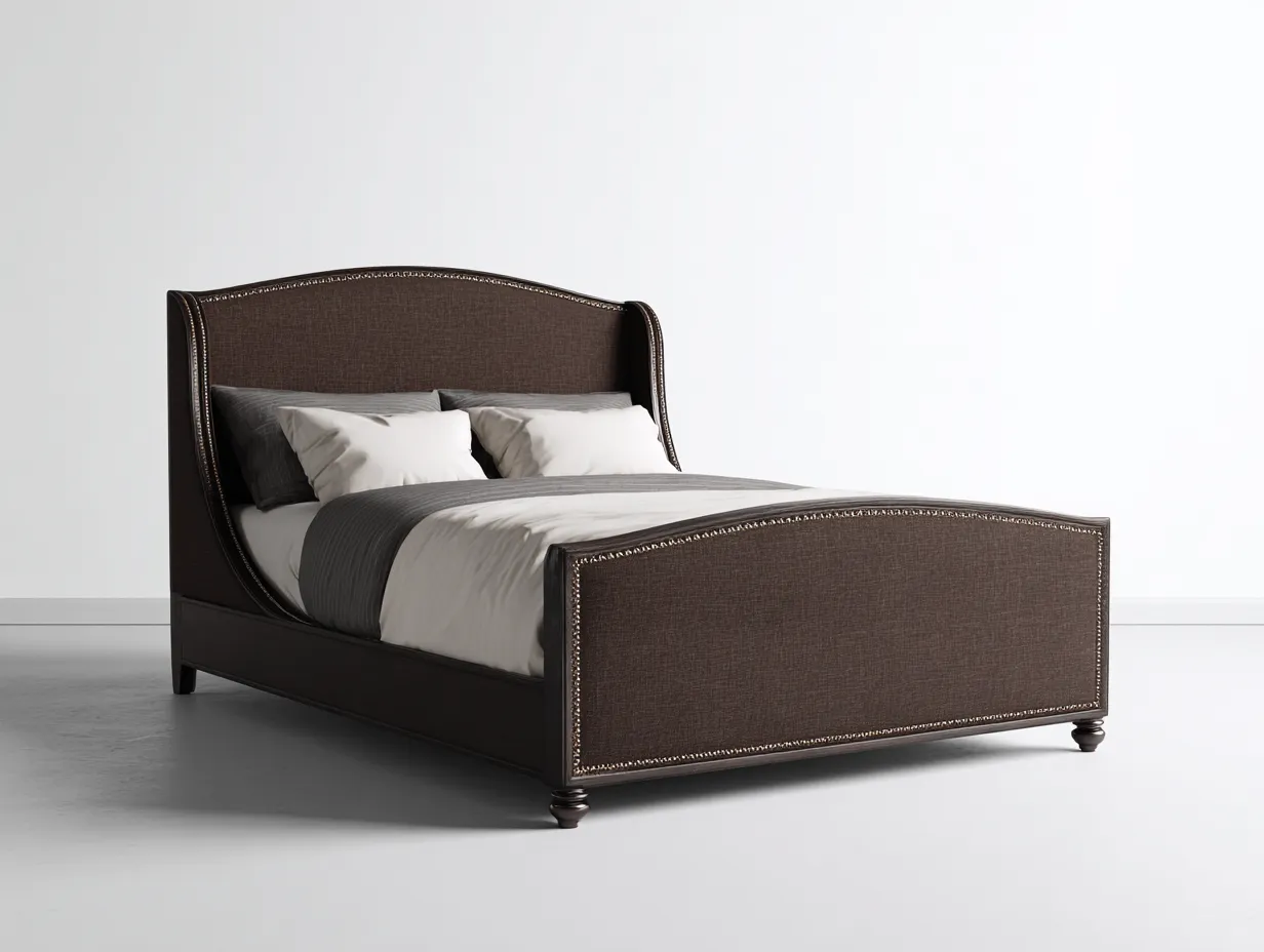 Lit double tapissé 190×220×135 cm – tissu marron foncé – tête de lit haute et pied de lit assorti-Lirozahaus