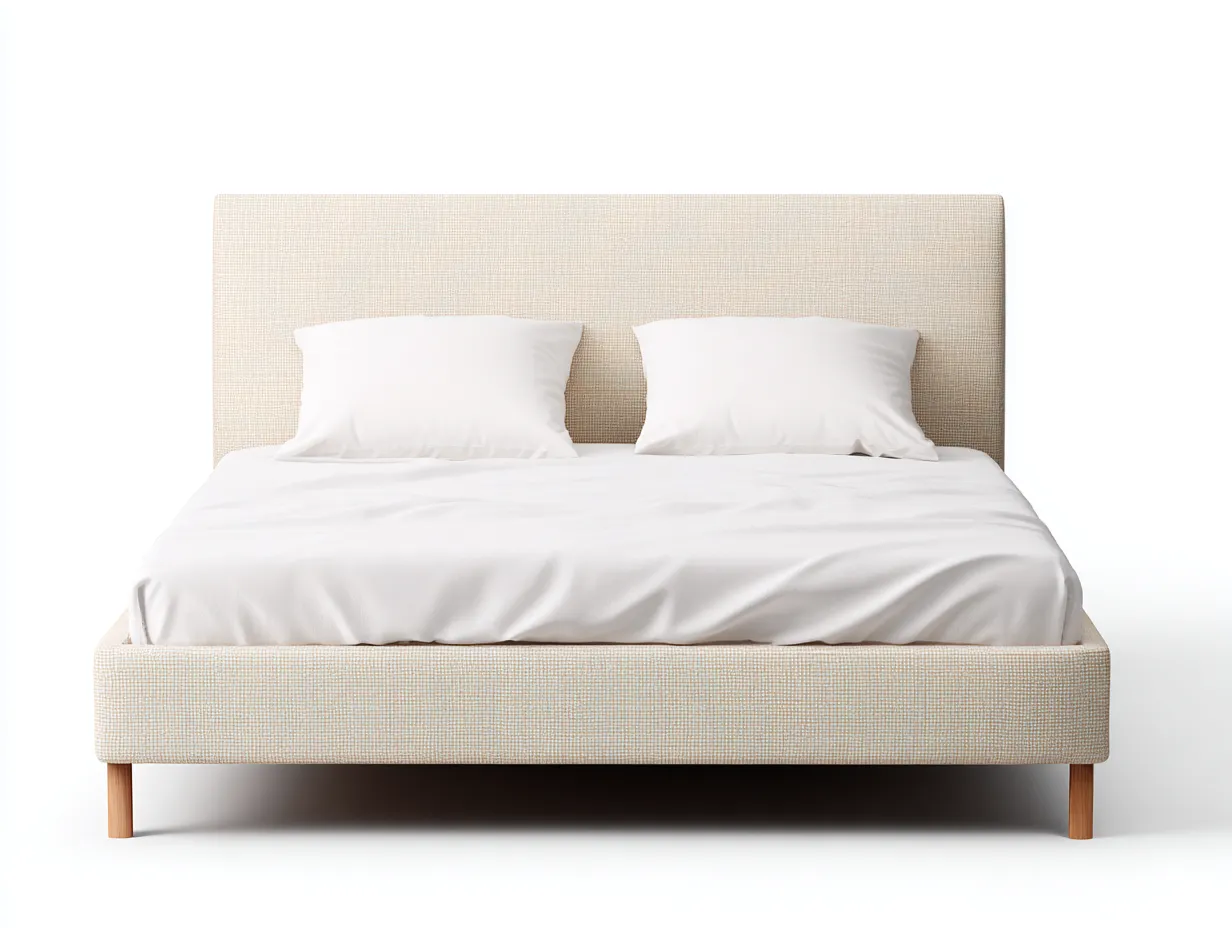 Lit double en tissu 214×172×112 cm - beige/bois clair - chambre style épuré-Lirozahaus