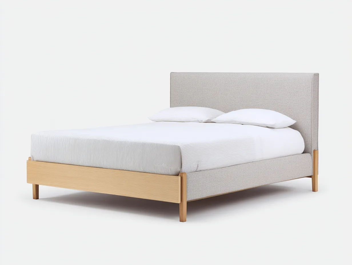 Lit double en tissu et bois 212×168×110 cm - beige/bois clair - chambre contemporaine-Lirozahaus