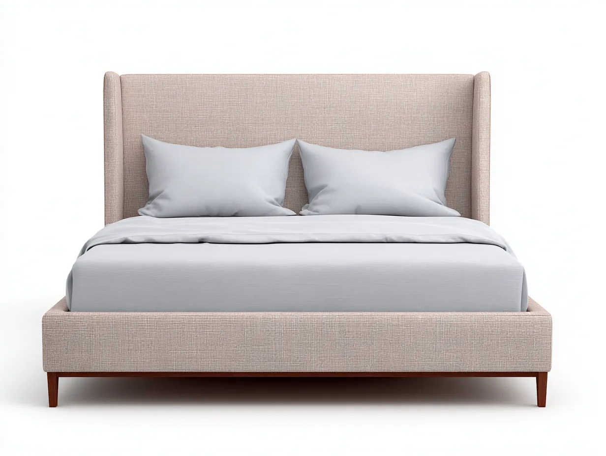 Lit double tapissé 195×220×125 cm – tissu beige – tête de lit haute à panneaux latéraux-Lirozahaus