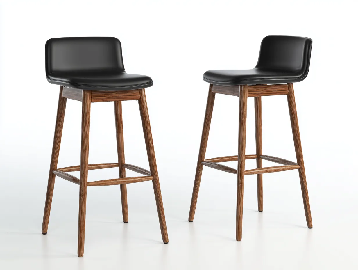 Tabouret de bar 48×50×76 cm – similicuir noir et bois brun – assise galbée style contemporain-Lirozahaus