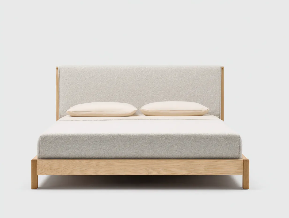 Lit double en bois et tissu 210×170×105 cm - beige et bois clair - design épuré pour chambre à coucher-Lirozahaus