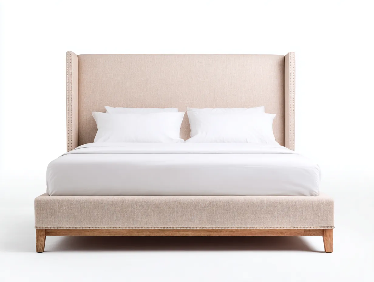 Lit double rembourré en tissu 215×180×135 cm - beige et bois clair - tête de lit haute pour chambre à coucher-Lirozahaus
