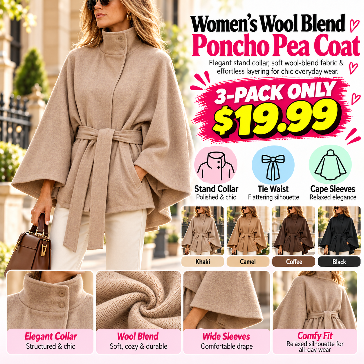 🧥 YeeZaa Women’s Wool Blend Poncho Pea Coat 🔥 BUY 3 FOR $19.99 | BEST VALUE: 3 FOR ONLY $19.99