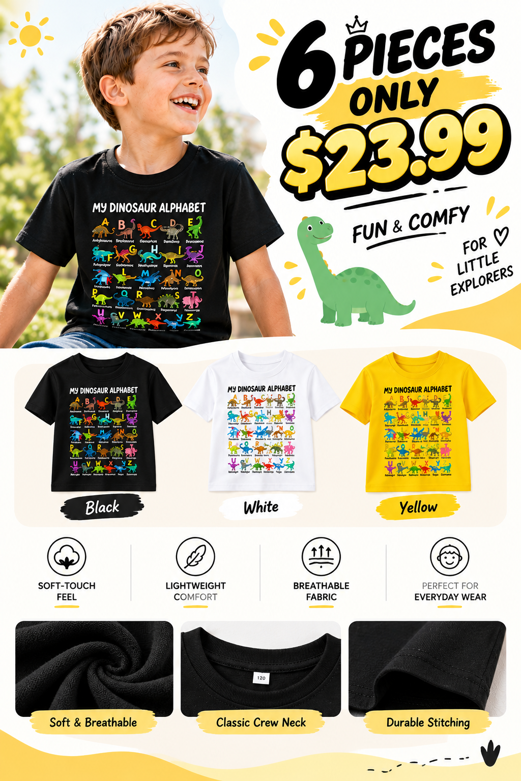 🔥🎁 New Arrival: Children’s Dinosaur & Letter Print T-Shirts 🔥 BUY 6 FOR $23.99 | BEST VALUE: 6 FOR ONLY $23.99