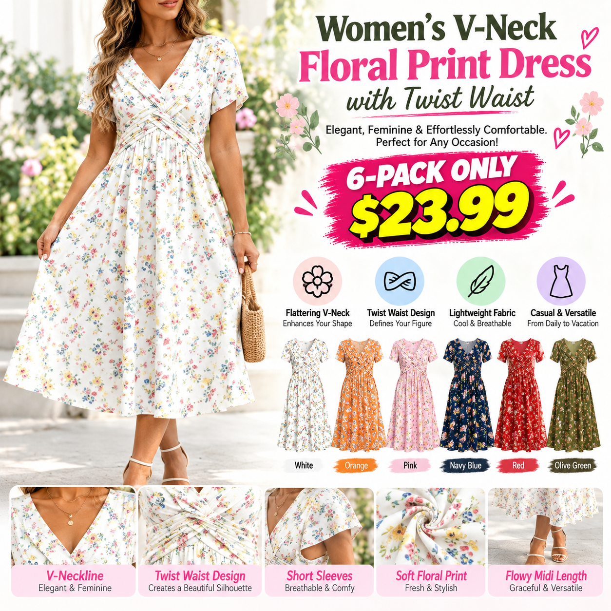 Women's V-Neck Floral Print Dress with Twist Waist🔥 BUY 6 FOR $23.99 | BEST VALUE: 6 FOR ONLY $23.99