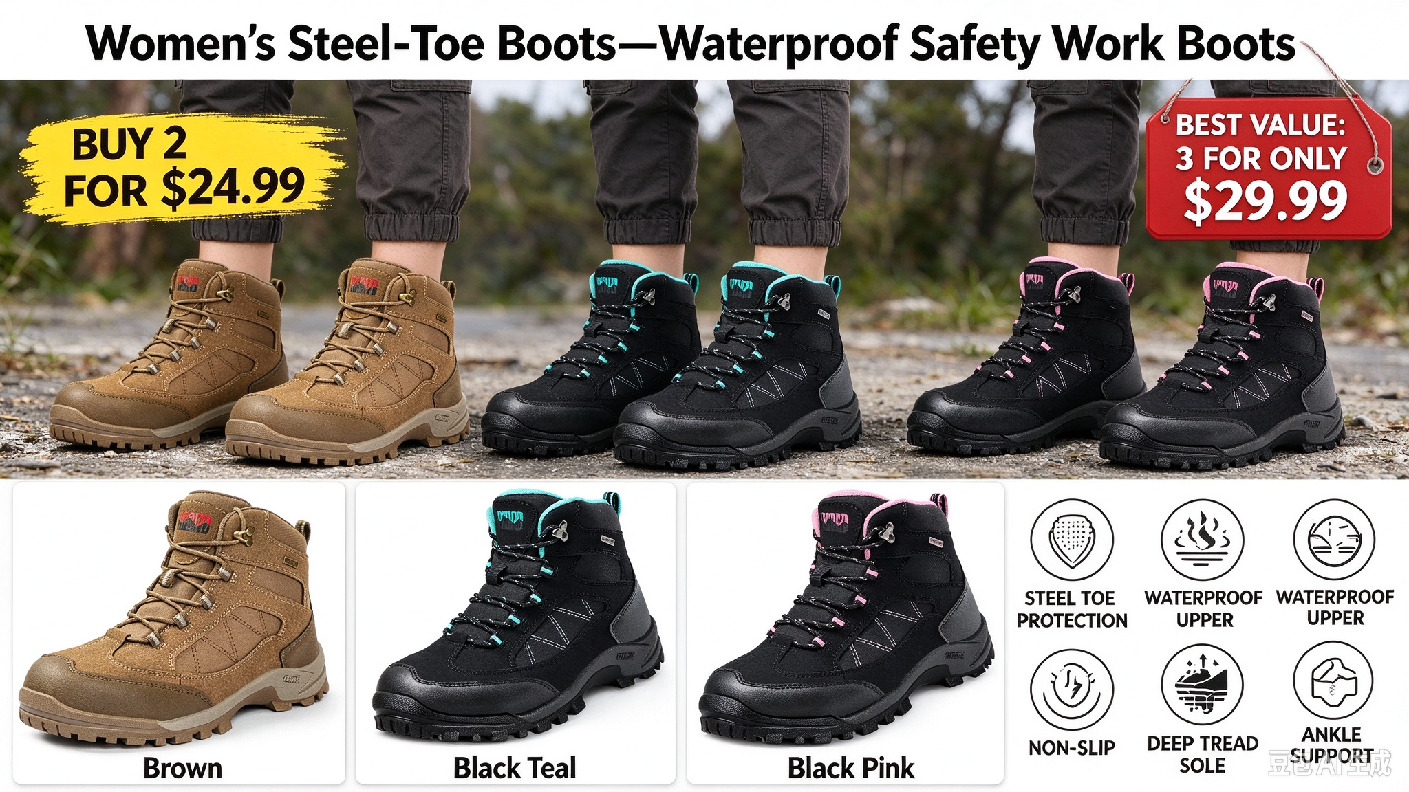 Women's Steel-Toe Boots—Waterproof Safety Work Boots 🔥 BUY 2 FOR $24.99 | BEST VALUE: 3 FOR ONLY $29.99  