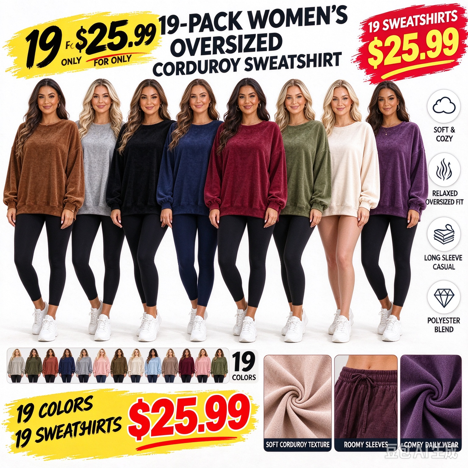 Aleumdr Women's Plus Size Oversized Corduroy Polyester Sweatshirt 🔥 BUY 7 FOR $17.99 | BEST VALUE: 19 FOR ONLY $25.99  