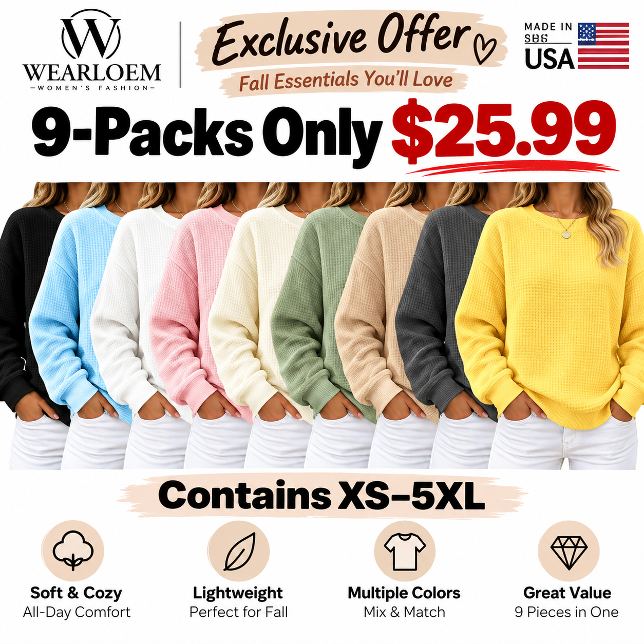 🍂 FALL SPECIAL | 9 FOR ONLY $25.99! Women’s Waffle Knit Crewneck Sweatshirts – Cozy Casual Fall Essentials