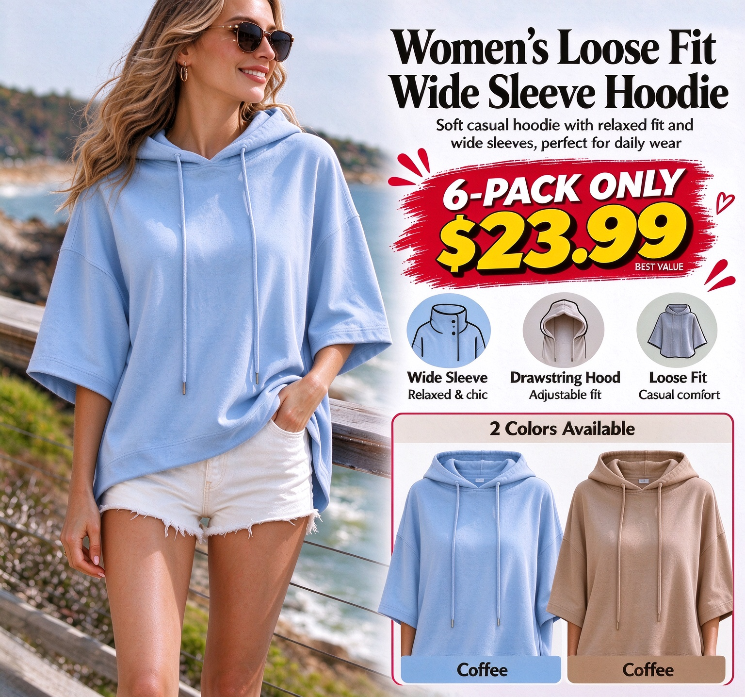 💃 Women’s Loose Fit Wide Sleeve Hoodie Casual Sweatshirt 🔥 BUY 6 FOR $23.99 | BEST VALUE: 6 FOR ONLY $23.99