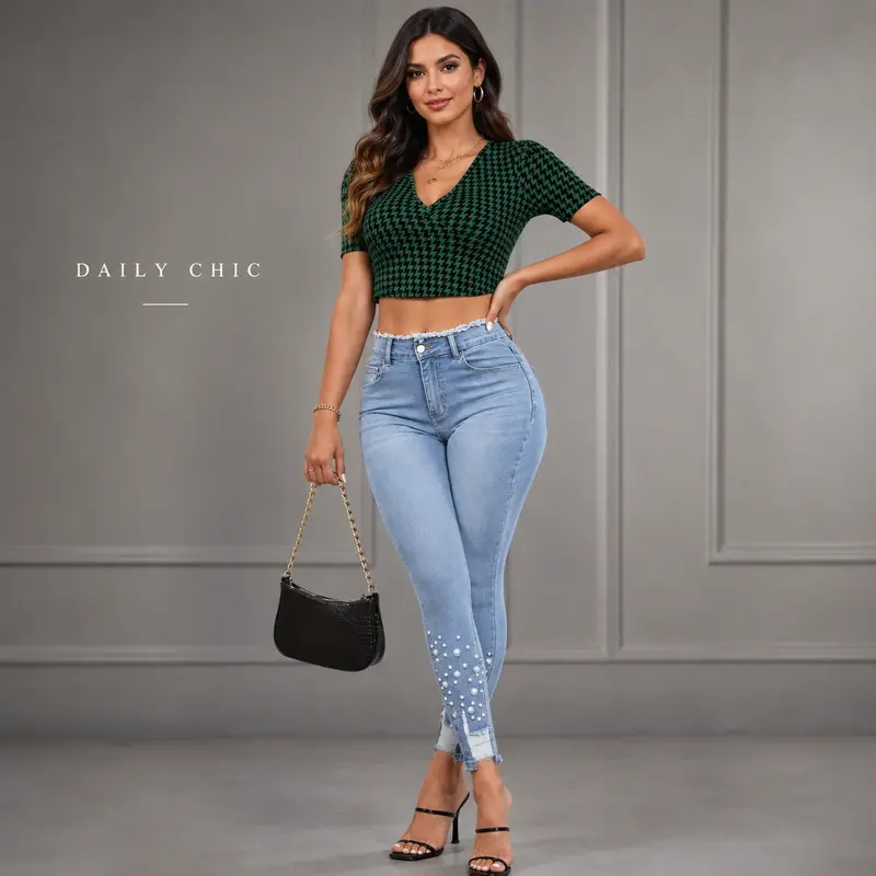 Women’s High-Waist Skinny Jeans with Pearl Embellishments - Y2K Streetwear🔥 BUY 6 FOR $24.99 | BEST VALUE: 6 FOR ONLY $24.99