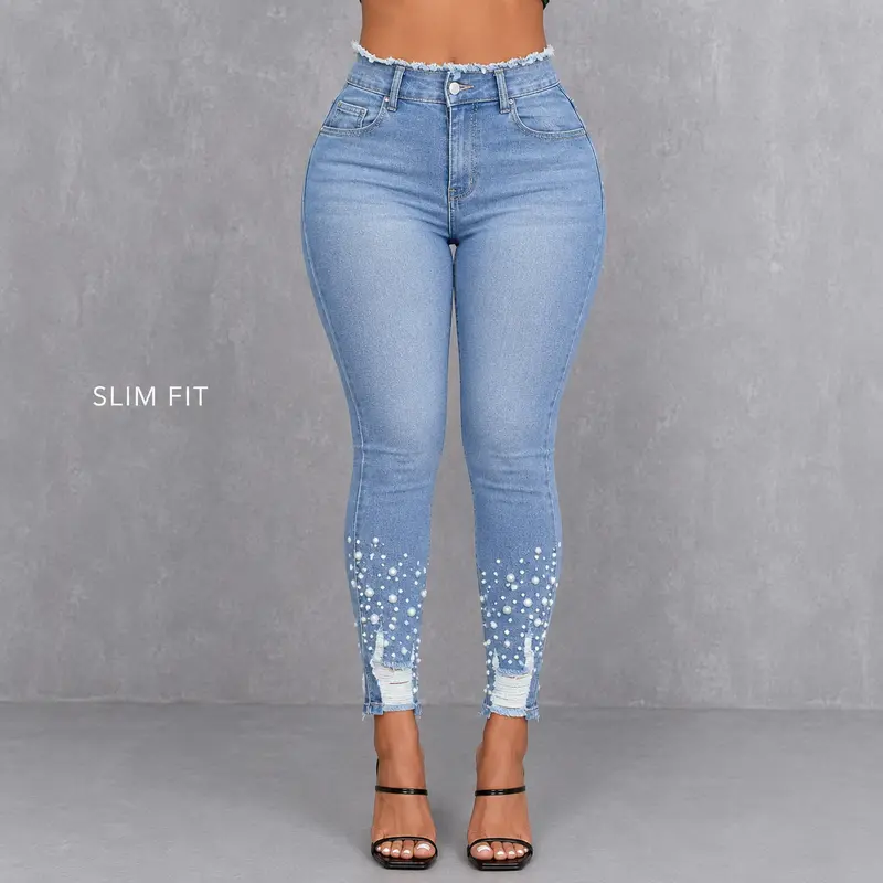 Women’s High-Waist Skinny Jeans with Pearl Embellishments - Y2K Streetwear🔥 BUY 6 FOR $24.99 | BEST VALUE: 6 FOR ONLY $24.99
