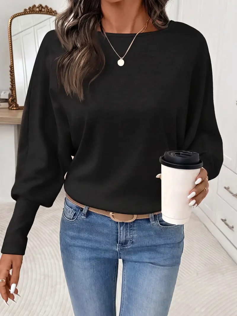 Women's Casual Versatile Loose Round Neck  Soft  Batwing Sleeve Long Sleeve T-Shirt, Elegant,Comfortable and Stylish Top for Daily Wear