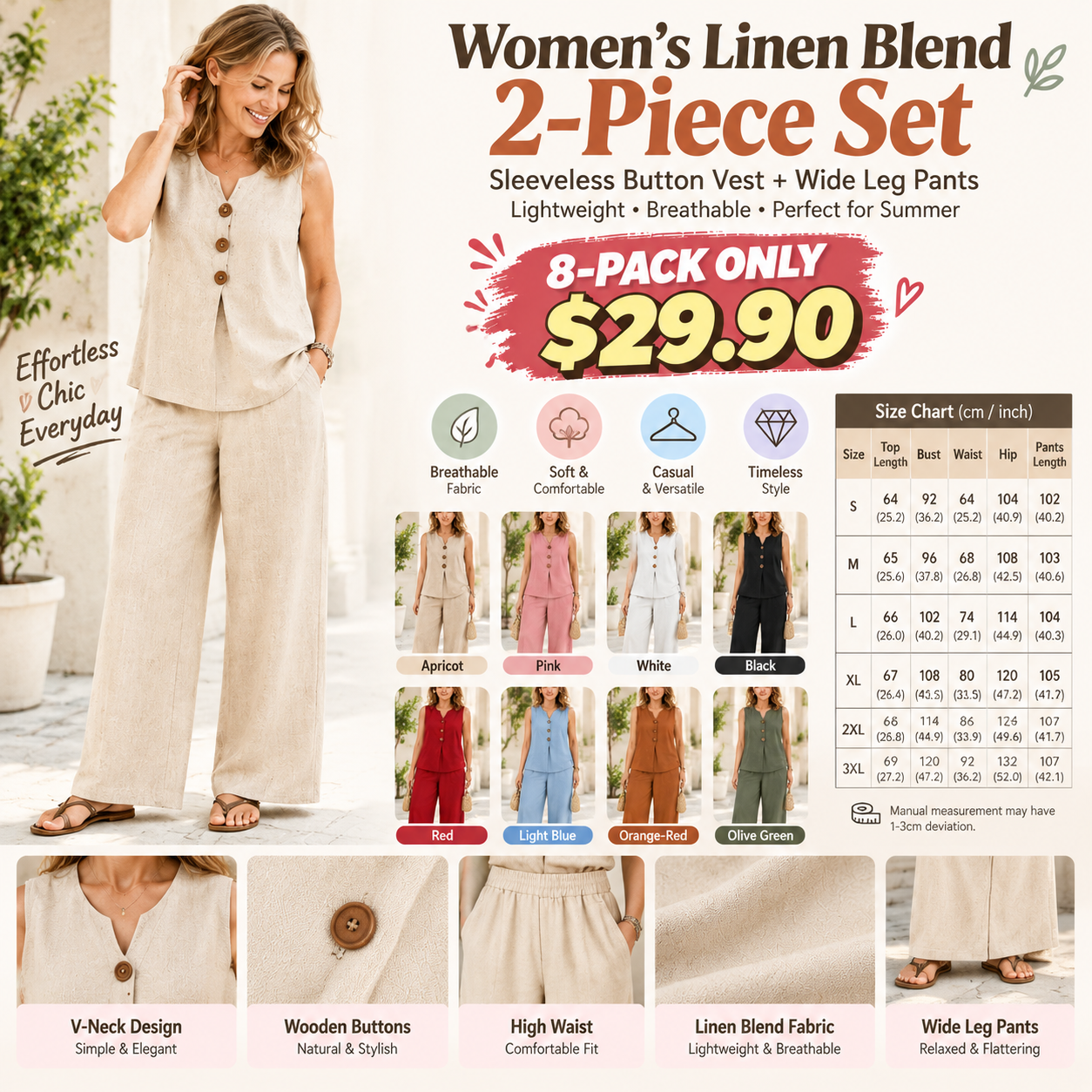 💗 Women’s Sleeveless Button Top & Loose Pants Set 🔥 BUY 8 FOR $29.90 | BEST VALUE: 8 FOR ONLY $29.90