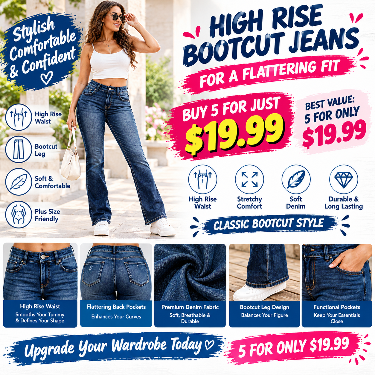  Jeans High Rise Bootcut Dark Wash Plus Size🔥 BUY 5 FOR $19.99 | BEST VALUE: 5 FOR ONLY $19.99
