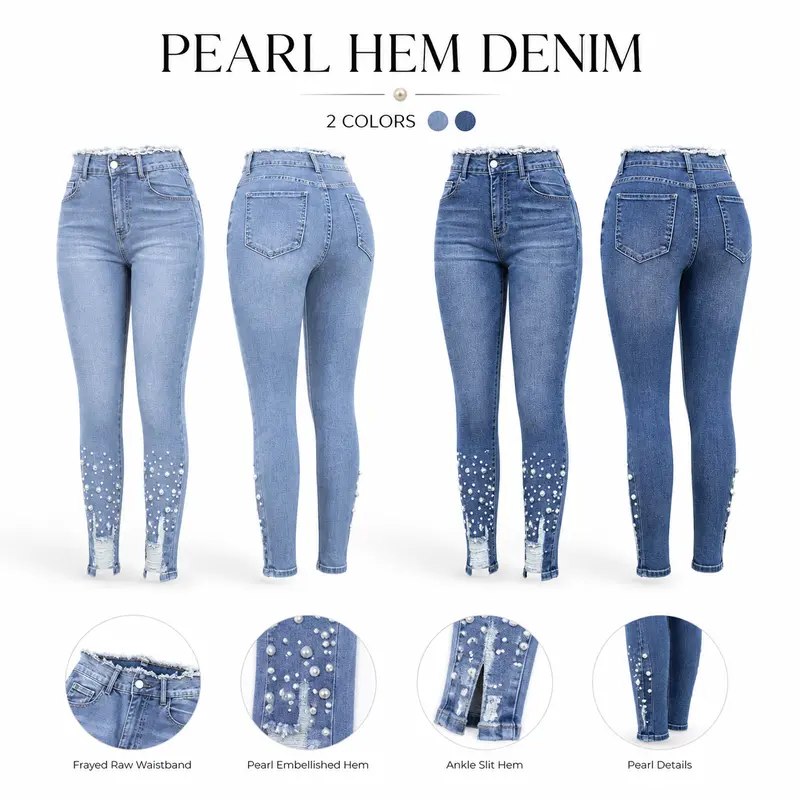 Women’s High-Waist Skinny Jeans with Pearl Embellishments - Y2K Streetwear🔥 BUY 6 FOR $24.99 | BEST VALUE: 6 FOR ONLY $24.99