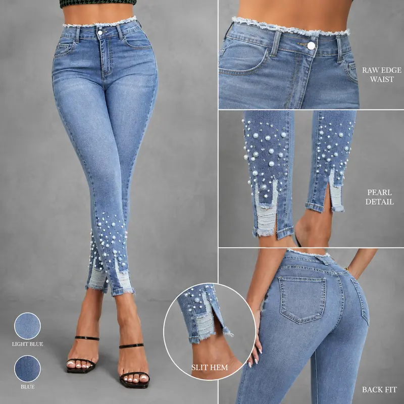 Women’s High-Waist Skinny Jeans with Pearl Embellishments - Y2K Streetwear🔥 BUY 6 FOR $24.99 | BEST VALUE: 6 FOR ONLY $24.99