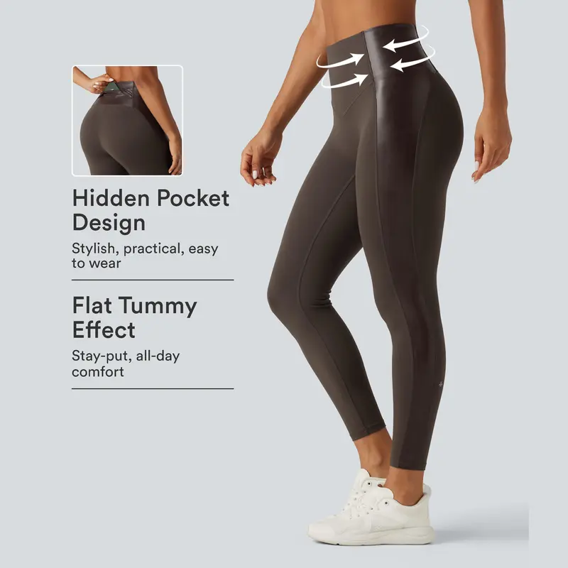 High Waisted Stretchy PU Tummy Control Yoga Leggings with Pocket🔥 BUY 7 FOR $17.99 | BEST VALUE: 11 FOR ONLY $24.99
