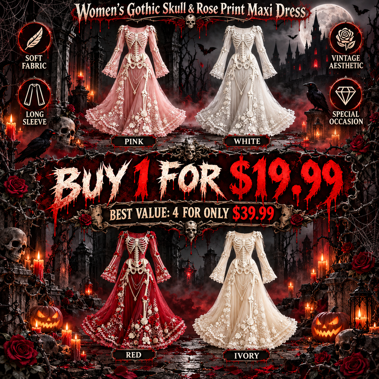 Women's Gothic Skull & Rose Print Soft Fabric Maxi Dress - Long Sleeve, Vintage Aesthetics, Everyday Halloween Special Occasion Wear.🔥BUY 1 FOR $19.99 | BEST VALUE: 4 FOR ONLY $39.99