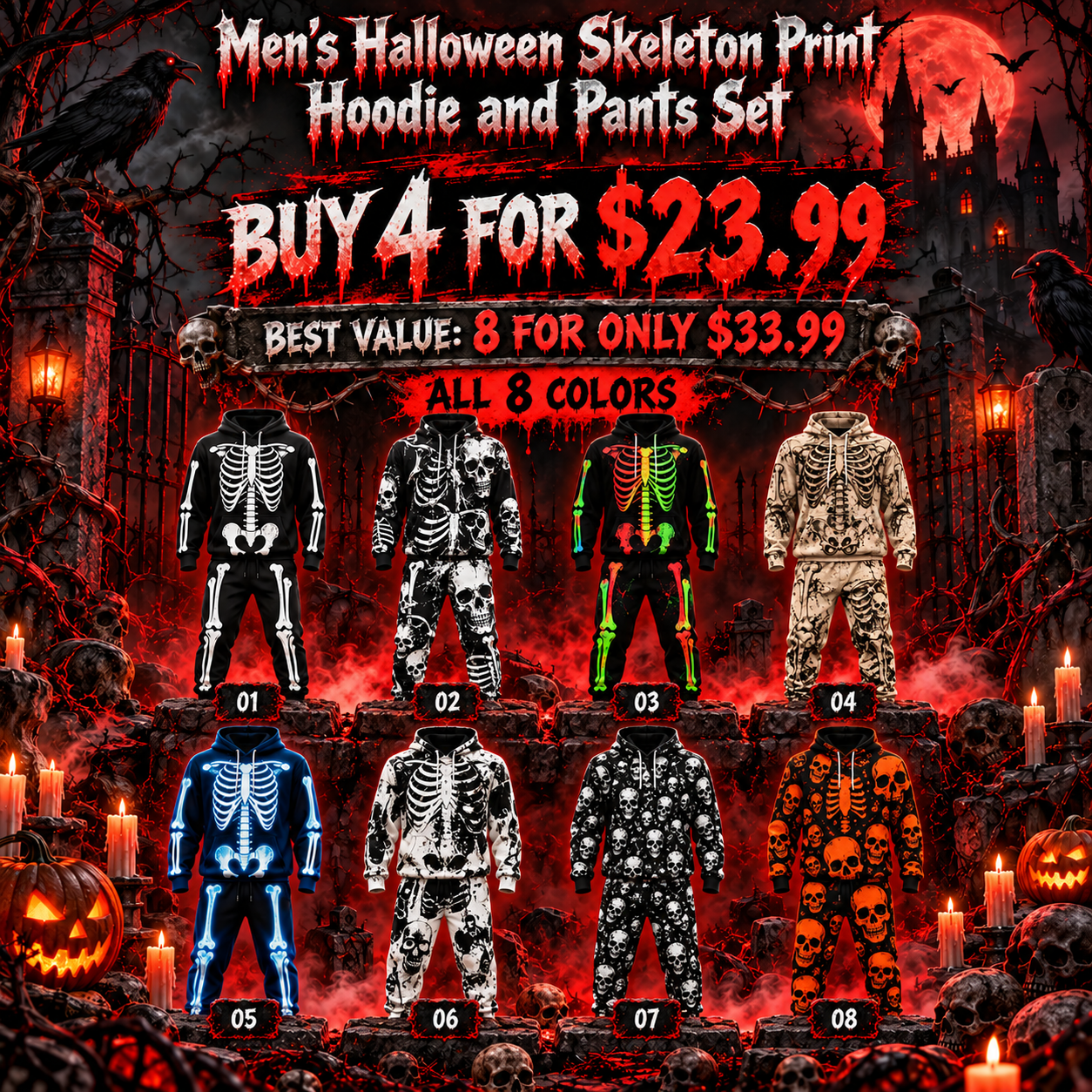 Men's Halloween Skeleton Print Hoodie and Pants Set, Casual Outdoor Wear🔥BUY 4 FOR $23.99 | BEST VALUE: 8 FOR ONLY 33.99