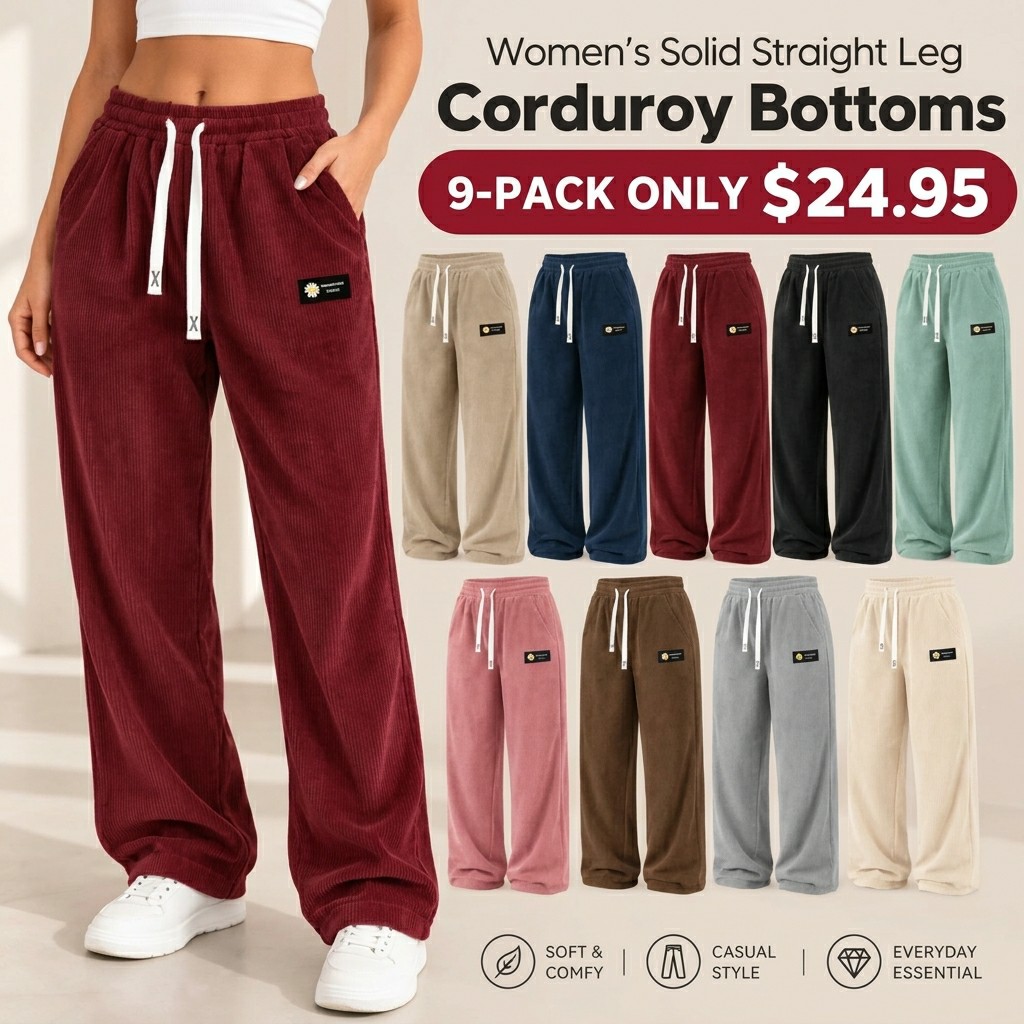 Women's Straight Leg Corduroy Pants – Drawstring Waist Casual Bottoms for All Seasons.🔥BUY 4 FOR $19.95 | BEST VALUE: 9 FOR ONLY $24.95