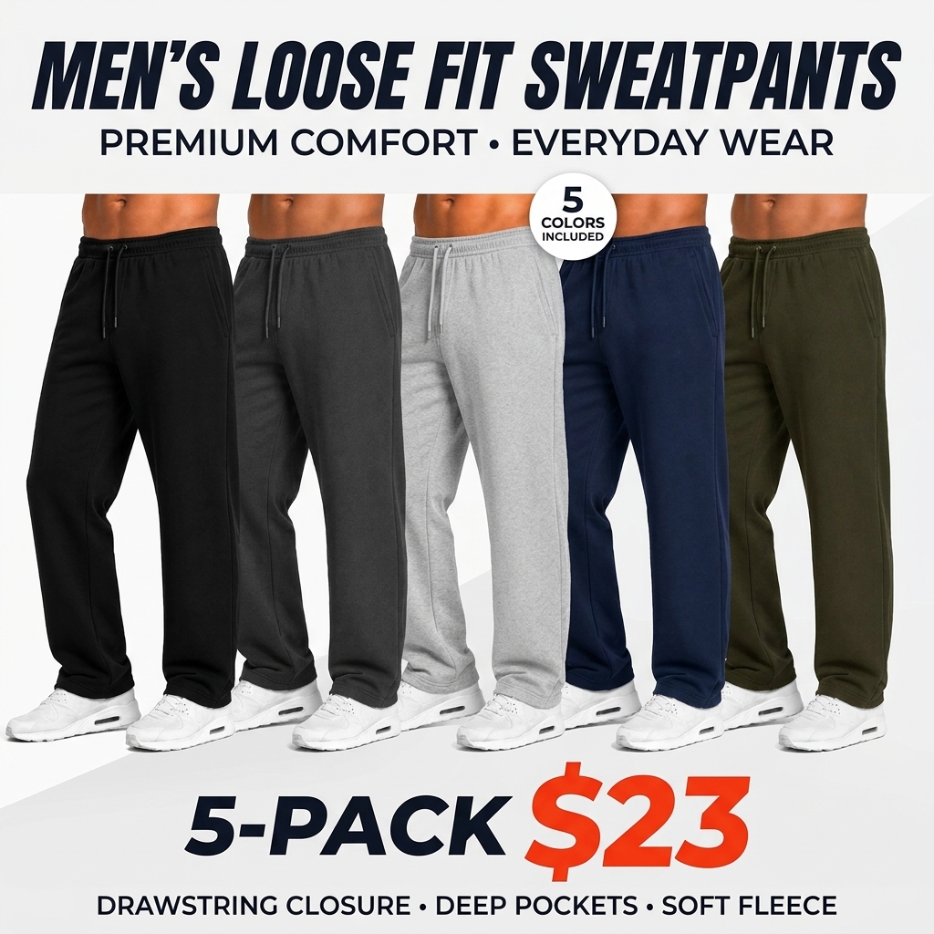 Men's 5-Pack Tech Fleece Performance Sweatpants – Open Bottom, Regular Fit with Pockets🔥BUY 5 FOR $23.99 | BEST VALUE: 5 FOR ONLY $23.99