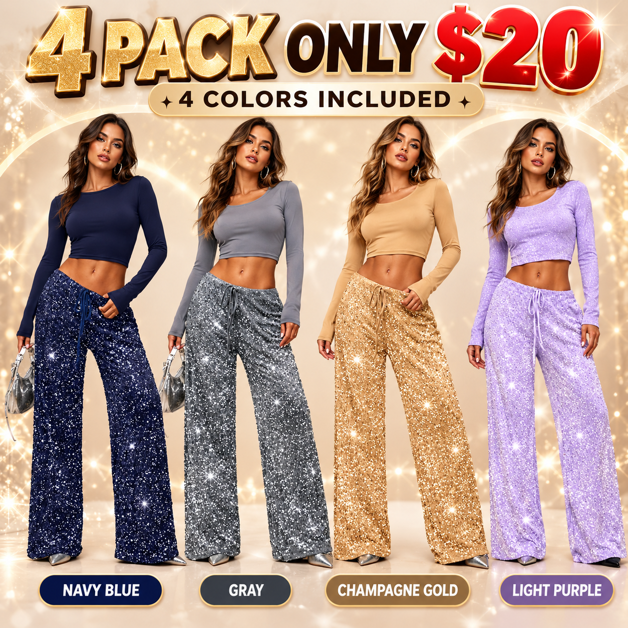 👖Women's Sequin Sparkle Elastic Waist Straight-Leg Pants🔥BUY 3 FOR $20.99 | BEST VALUE: 3 FOR ONLY $20.99