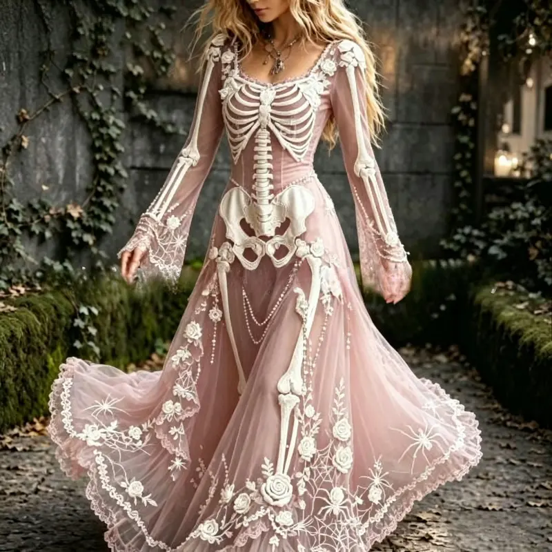 Women's Gothic Skull & Rose Print Soft Fabric Maxi Dress - Long Sleeve, Vintage Aesthetics, Everyday Halloween Special Occasion Wear.🔥BUY 1 FOR $19.99 | BEST VALUE: 4 FOR ONLY $39.99