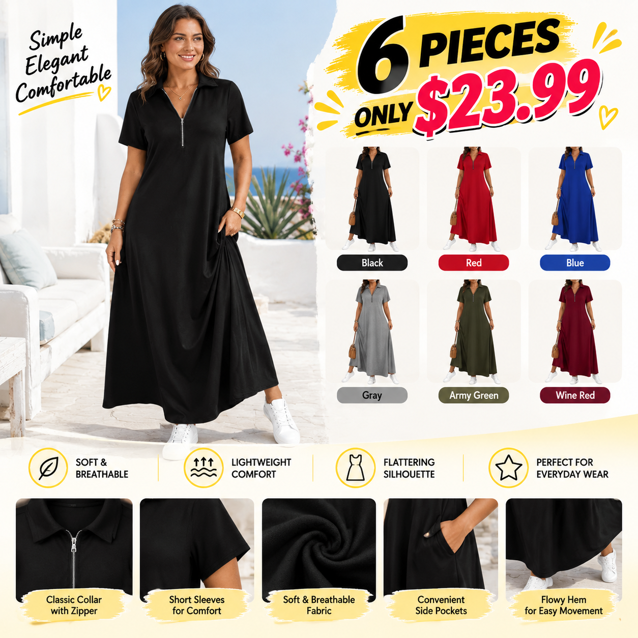 ⌛ Limited-Time Offer – Women’s Casual Solid Color Zipper Maxi Dress 💃 🔥 BUY 6 FOR $23.99 | BEST VALUE: 6 FOR ONLY $23.99