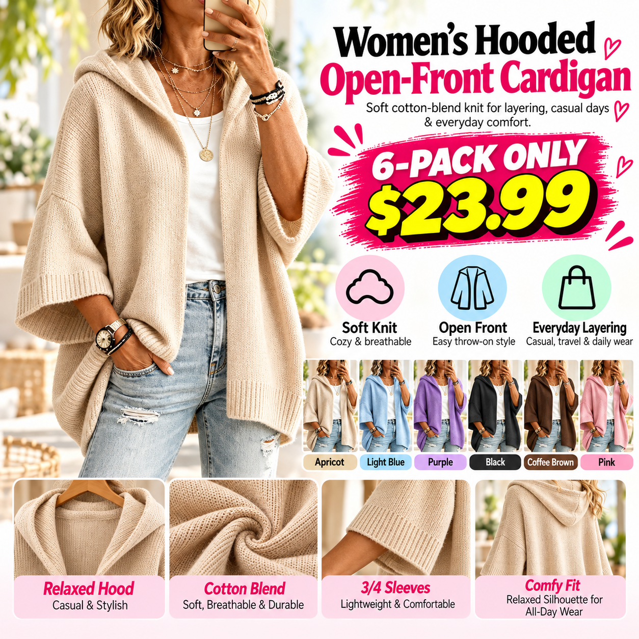 Hooded Open-Front Cardigan Women Cotton Blend 🔥 BUY 6 FOR $23.99 | BEST VALUE: 6 FOR ONLY $23.99