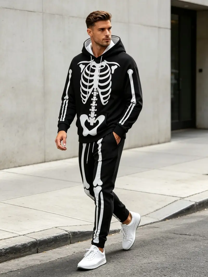 Men's Halloween Skeleton Print Hoodie and Pants Set, Party Cosplay, Casual Outdoor Sports Wear, Two-Piece Men's Clothing Men's Halloween Skeleton Print Hoodie and Pants Set, Party Cosplay, Casual Outdoor Sports Wear, Two-Piece Men's Clothing