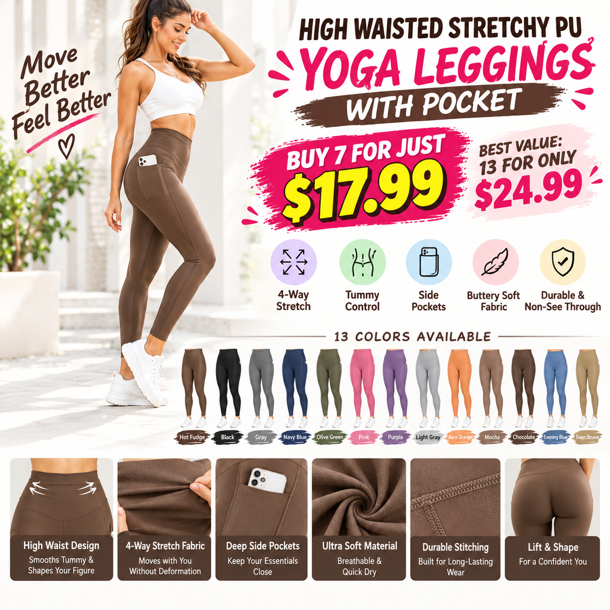 High Waisted Stretchy PU Tummy Control Yoga Leggings with Pocket🔥 BUY 7 FOR $17.99 | BEST VALUE: 13 FOR ONLY $24.99