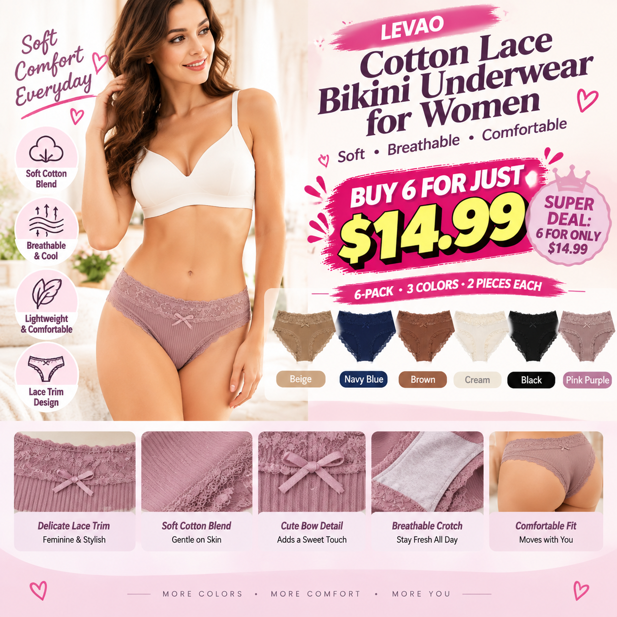 LEVAO Cotton Lace Bikini Underwear for Women, 6-Pack🔥 Buy 6 for just $14.99 | Super Deal: 6 for only $14.99