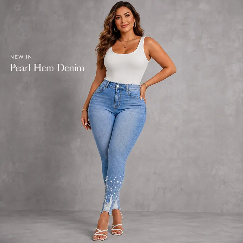 Women’s High-Waist Skinny Jeans with Pearl Embellishments - Y2K Streetwear🔥 BUY 6 FOR $24.99 | BEST VALUE: 6 FOR ONLY $24.99