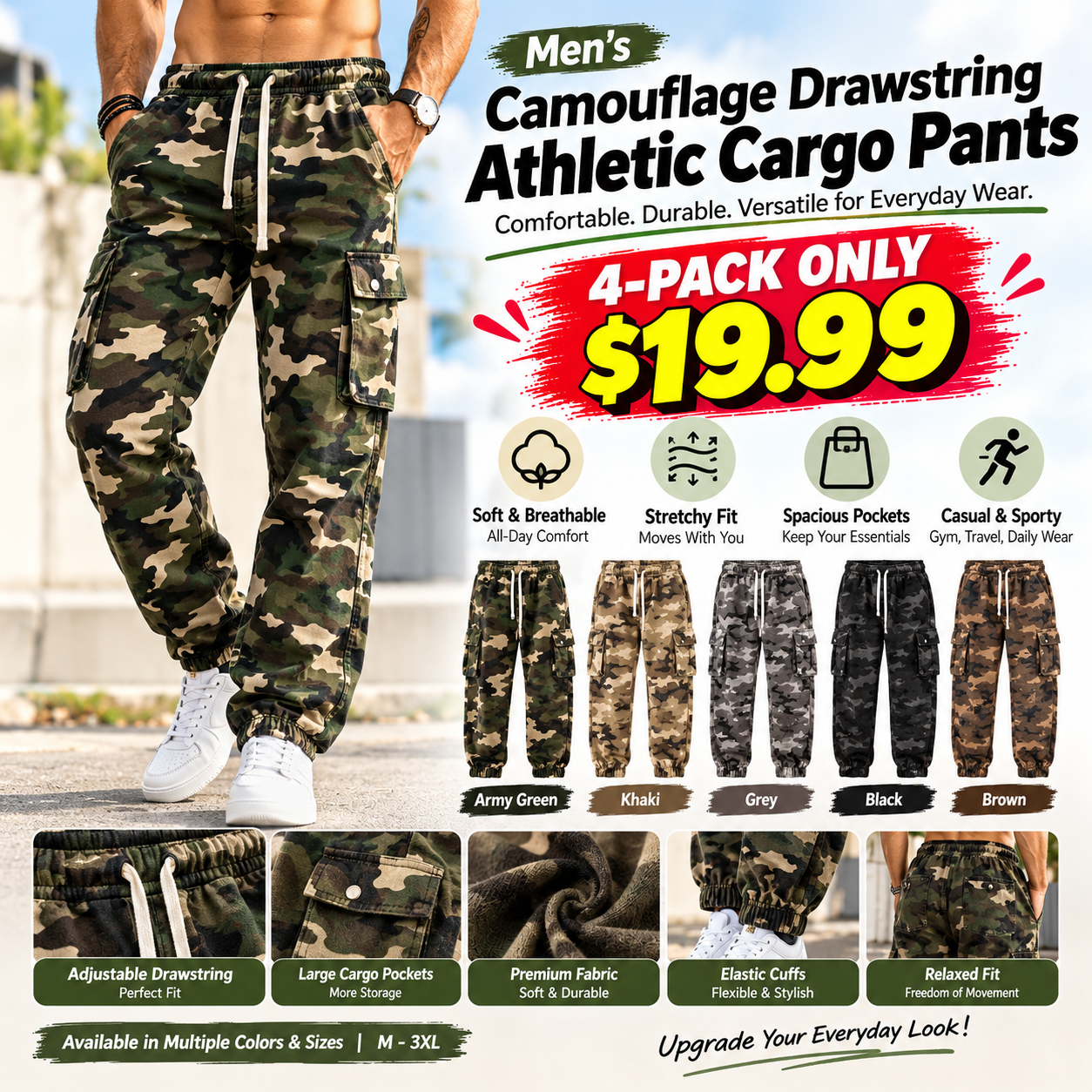👖 Men's Camouflage Drawstring Athletic Cargo Pants 🔥 BUY 4 FOR $19.99 | BEST VALUE: 4 FOR ONLY $19.99