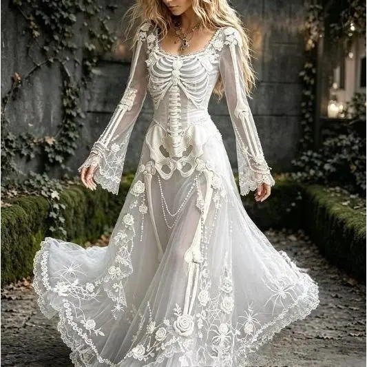 Women's Gothic Skull & Rose Print Soft Fabric Maxi Dress - Long Sleeve, Vintage Aesthetics, Everyday Halloween Special Occasion Wear.🔥BUY 1 FOR $19.99 | BEST VALUE: 4 FOR ONLY $39.99