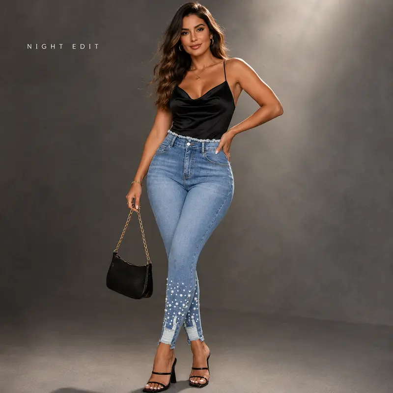Women’s High Waisted Pearl Embellished Fitted Blue Denim Crop Jeans - Light Wash, Distressed, Frayed Waist & Ankle, Feminine Glam Y2K Curve Hugging Casual Streetwear Bottoms