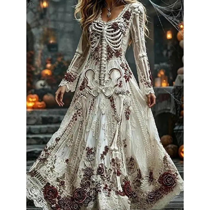 Women's Gothic Skull & Rose Print Soft Fabric Maxi Dress - Long Sleeve, Vintage Aesthetics, Everyday Halloween Special Occasion Wear.🔥BUY 1 FOR $19.99 | BEST VALUE: 4 FOR ONLY $39.99