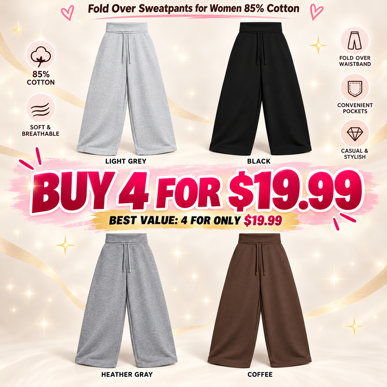  Fold Over Sweatpants for Women 85% Cotton 🔥BUY 4 FOR $19.99 | BEST VALUE:  FOR ONLY $19.99