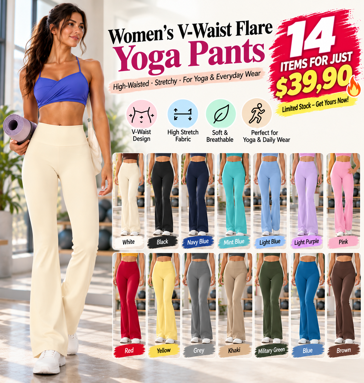 🔥14 items for just $39.90. Women's V-waist flare yoga pants—high-waisted, stretchy activewear suitable for yoga and everyday wear.