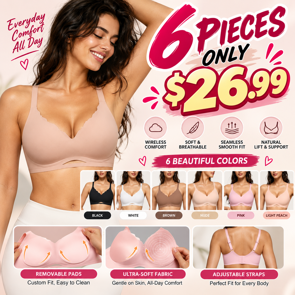 🔥 LIMITED-TIME SALE | 6 PCS ONLY $26.99! OEAK Women’s Seamless Wireless Push-Up Bra – Soft V-Neck, Wavy Neckline & Full Coverage for All-Day Comfort 💕