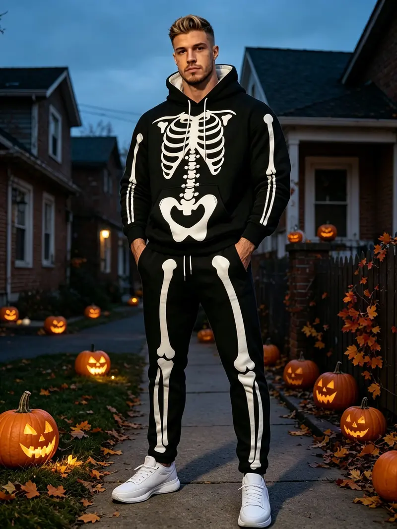Men's Halloween Skeleton Print Hoodie and Pants Set, Party Cosplay, Casual Outdoor Sports Wear, Two-Piece Men's Clothing Men's Halloween Skeleton Print Hoodie and Pants Set, Party Cosplay, Casual Outdoor Sports Wear, Two-Piece Men's Clothing
